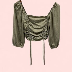 Creamy dreamy sage satin crop shirred romantic blouse off the shoulder